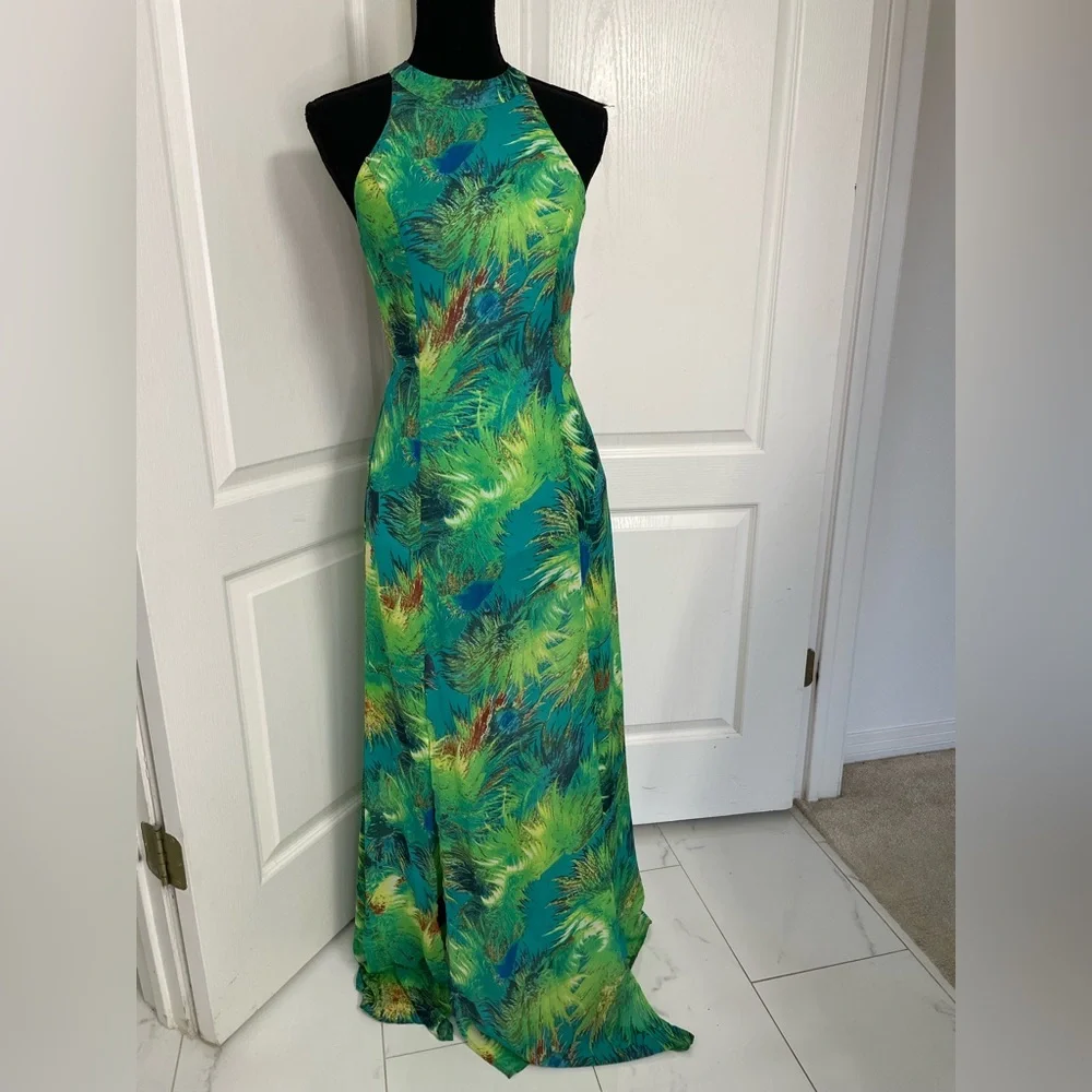 Lulu's Green & Blue Tropical Halter Maxi Dress